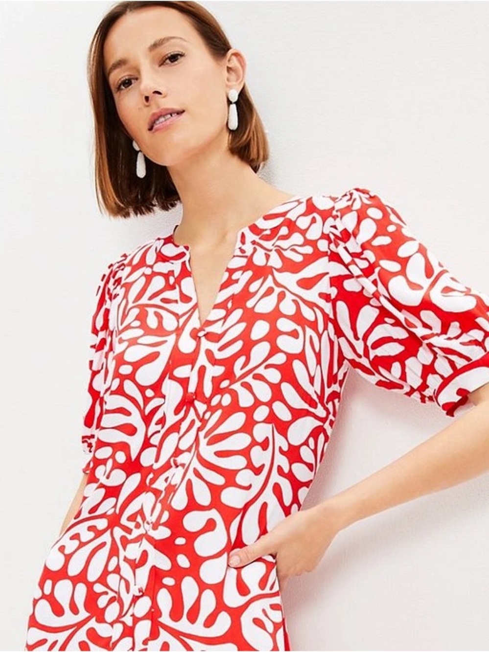 Ann Taylor Loft Rio Floral Balloon Sleeve Button Swing Dress - Picture 2 of 7